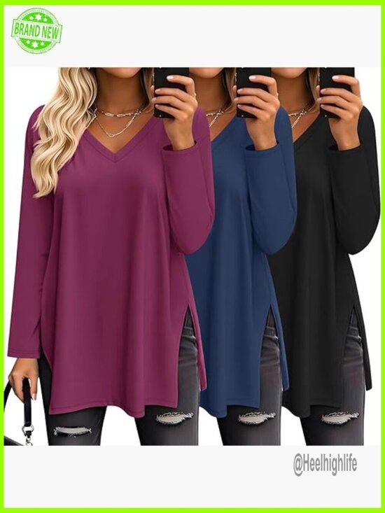 Tops - 3 Pack Oversized Long Sleeve V-Neck Tunic Tops Loose Fit Workout Casual